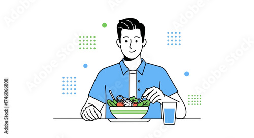 Healthy lifestyle illustration of a man eating a salad representing food and health
