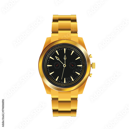 Gold men watch flat vector illustration on white background
