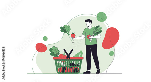 Healthy Lifestyle: Man Shopping and Holding Fresh Produce from Shopping Basket