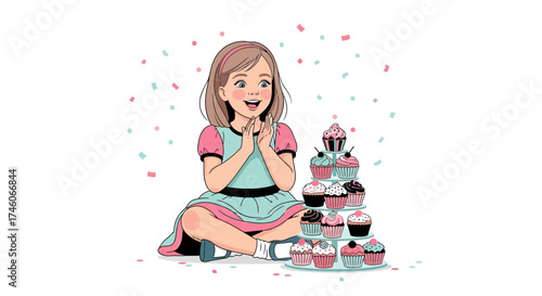 Happy girl looking at cupcakes with a stack of desserts and confetti celebration