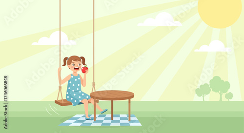 Happy Girl Relaxes Outdoors, Enjoying an Apple While Swinging Under the Sunshine