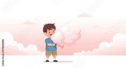 Happy young boy enjoying a sweet cotton candy in a pink sky background