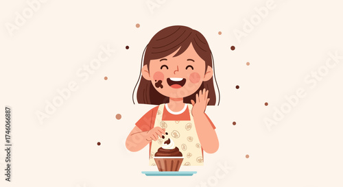 Happy Girl Shows off Her Chocolate Cake, Cupcake Recipe, and Baking Fun Concept