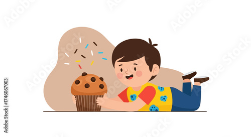Happy Youngster Embracing A Delicious Chocolate Chip Muffin With Colorful Sprinkles