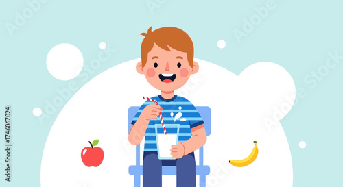 Happy Youngster Relishing a Drink and Fruits, Depicting Healthy Lifestyle Choices