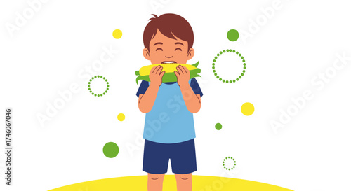 Happy Youngster Relishes Corn on the Cob, Showing Joy and Healthy Eating in Colorful Art