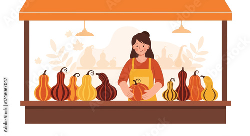 Harvest Bounty Shopfront: Charming Vendor Showcasing Diverse Fall Gourds and Pumpkins