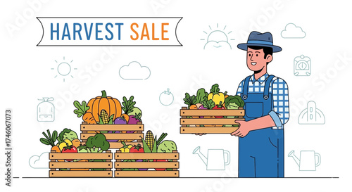 Harvest Sale Featuring Farmer with Fresh Vegetables Displayed in Crates and Ready for Sale