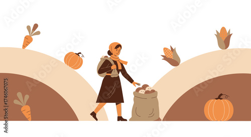 Harvest Season Depicted Woman Collecting Harvest With Pumpkins Corns And Carrots