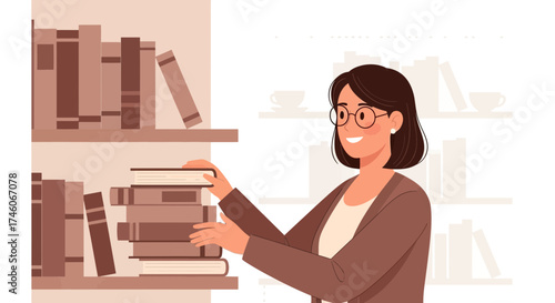 Happy Librarian Organizing Literature On Shelves Displaying Organized Knowledge Collection