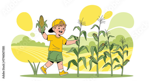 Happy little boy with corn in the field, harvest season, maize agriculture illustration