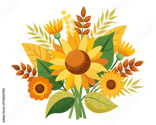 Sunflowers bouquet, harvest element vector illustration 