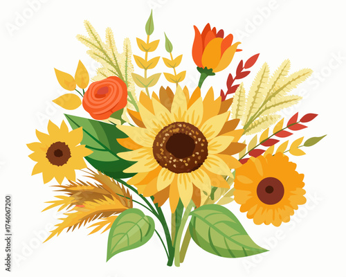Sunflowers bouquet, harvest element vector illustration isolated on white background
