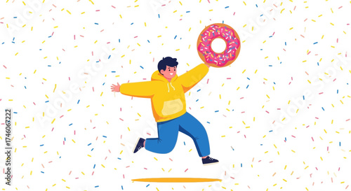 Happy person celebrating and joyfully holding a delicious glazed donut with colorful sprinkles