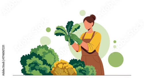 Harvesting Fresh Produce: Woman Gathering Vegetables In A Vibrant Garden Scene