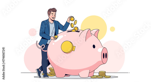 Happy Person Investing Money Into Pink Piggy Bank For Future Financial Security