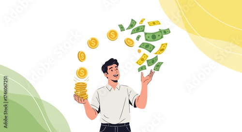 Happy Person Showing Off Wealth and Money Currency Concept on White Background.