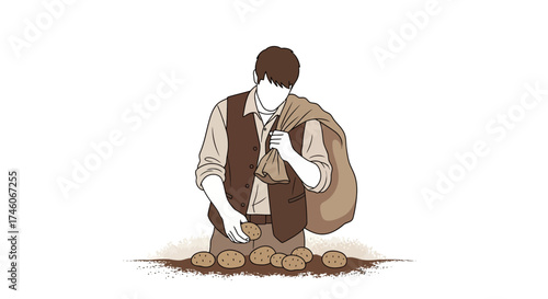 Harvesting Potatoes: A Simple Illustration of Agricultural Labor and Rustic Charm