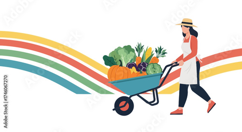 Harvesting Produce and Farm Life: A Woman Tending to a Wheelbarrow of Fresh Vegetables