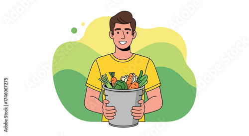 Happy Vegetarian Holding A Silver Bucket Filled With Fresh Colorful Produce Fruits
