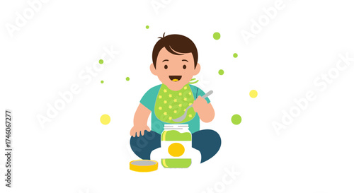 Happy Toddler Enjoying Baby Food, Smiling with Spoon, Adorable Illustration, Vector Design
