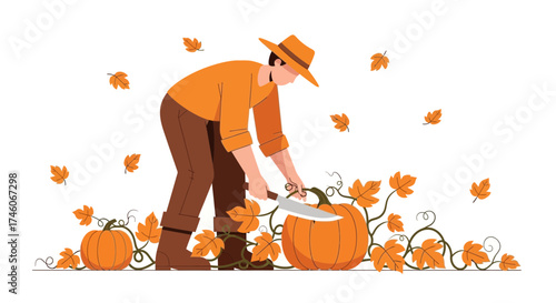 Harvesting Pumpkins: A Farmer's Autumnal Endeavor in Vibrant Orange Fields and Foliage