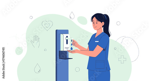 Healthcare Worker Disinfecting Hands with Sanitizer For Hygiene and Infection Control, Illustration.
