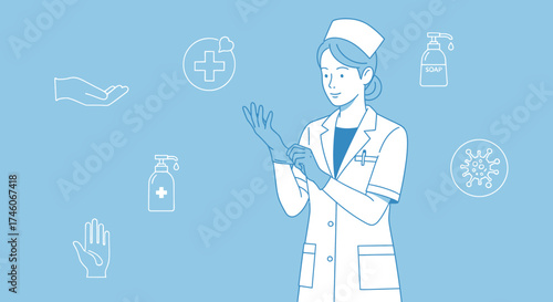 Healthcare worker putting on gloves illustration, healthcare and hygiene concept, protective measures