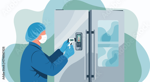 Healthcare Worker Taking Temperature Of A Refrigerator To Ensure Proper Cooling Measures Are