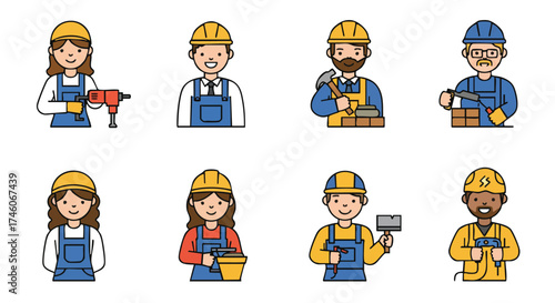 Illustration of diverse construction workers, each wearing safety helmets and overalls, showcasing various tools and skills for building projects.