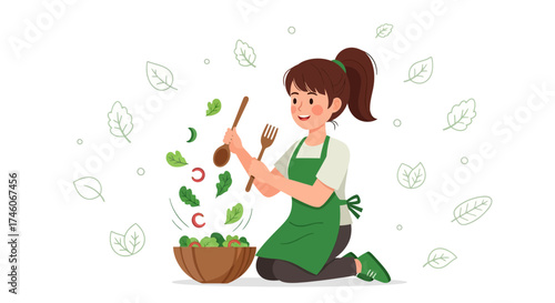 Healthy Cooking: A Cheerful Chef Prepares A Fresh, Colorful Salad in the Kitchen