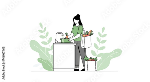 Healthy Cooking Illustration Featuring a Woman Preparing Vegetables in a Kitchen Setting