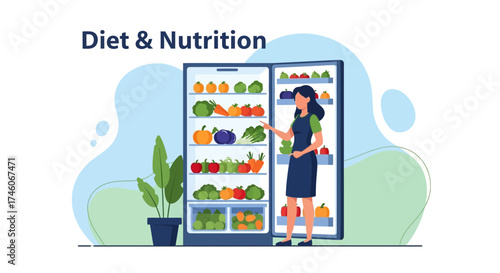 Healthy Cuisine Concept: Woman Choosing Fresh Produce from Refrigerator, Dietary Choices