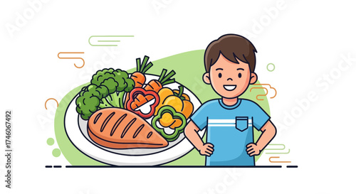 Healthy Diet Choices: A Smiling Child Standing Next To a Plate Full Of Nutritious Food