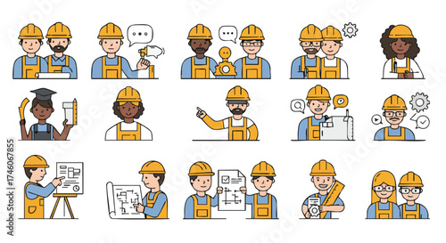 Diverse construction workers in various poses, showcasing teamwork, communication, and expertise in architectural design and building projects.