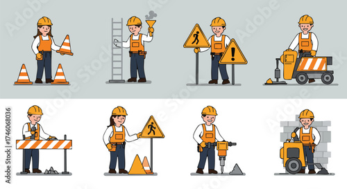 A collection of illustrated construction worker characters and related safety equipment, in a vector graphic style, on a light gray background.