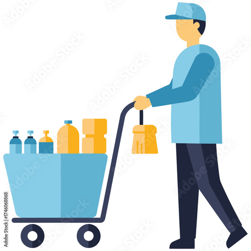 vector illustration of a worker pushing cleaning equipment on a trolley