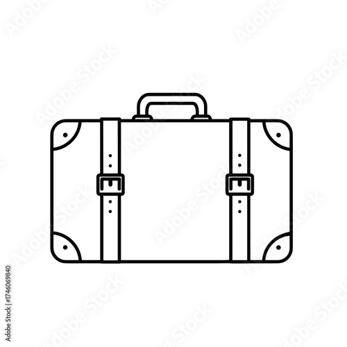 Minimalist line art of a vintage suitcase with straps and buckle details