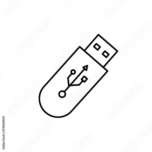 Minimalist Black and White USB Flash Drive Icon with Data Transfer Symbol
