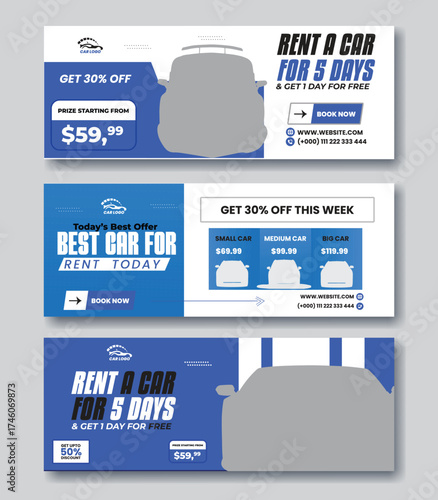 Car rent  facebook cover page bundle design, web banner for car promotion, sale banner template