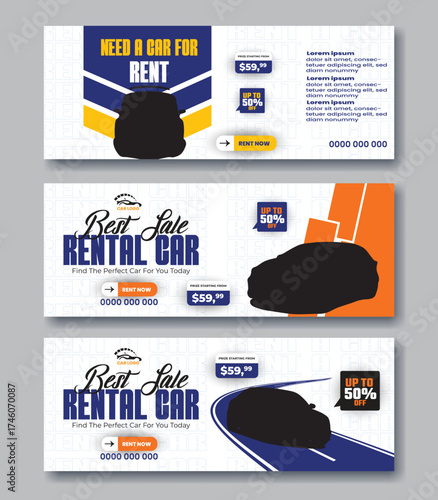 Car rent  facebook cover page bundle design, web banner for car promotion, sale banner template