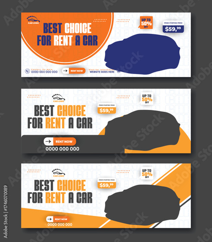 Car rent  facebook cover page bundle design, web banner for car promotion, sale banner template