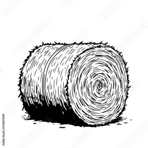 Detailed Line Drawing of a Round Hay Bale