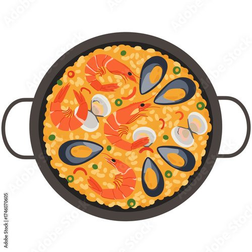 Paella Illustration with Shrimp, Mussels, and Clams in a Traditional Pan