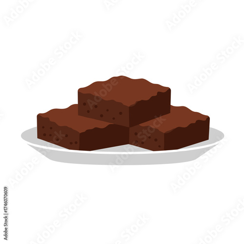 Stacked chocolate brownies with visible crumbs on a white plate, angled view