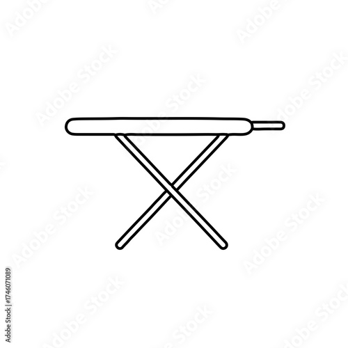 Minimalist line drawing of an ironing board with crossed legs and rounded edges