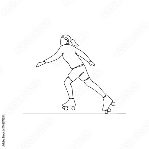 One continuous line drawing of roller skating illustration.Roller skating is a recreational activity, a sport, and a form of transportation with roller skates. Sport theme design vector concept.