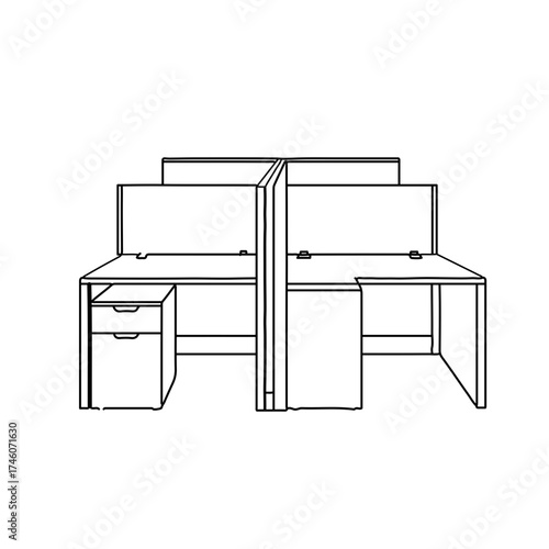 Line Drawing of Two-Person Office Cubicles with File Cabinet