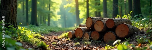 Wallpaper Mural Sun-Dappled Forest Clearing with Stack of Freshly Cut Logs  A Powerful Image Evoking the Raw Beauty and Hard Work of Sustainable Forestry. Torontodigital.ca