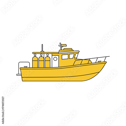 Bright Yellow Boat with Diving Tanks and Detailed Outline
